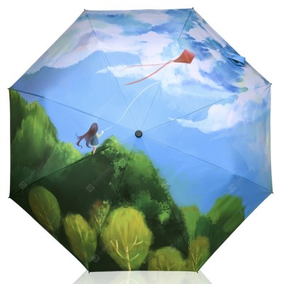 Landscape Painting Kite and Girl Folding UV Protection Umbrella Outdoor Sunshade