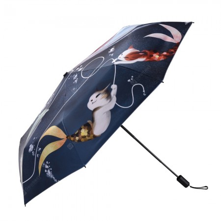 Cat and Fish Catoon Print Anti UV Folding Umbrella Outdoor Sunshade