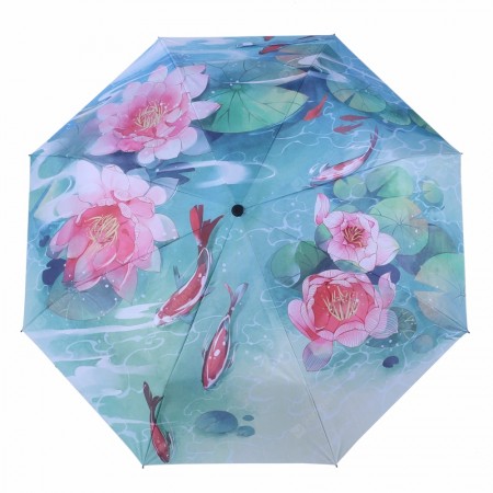 Lotus Flower and Fish Catoon Print Anti UV Folding Umbrella Outdoor Sunshade