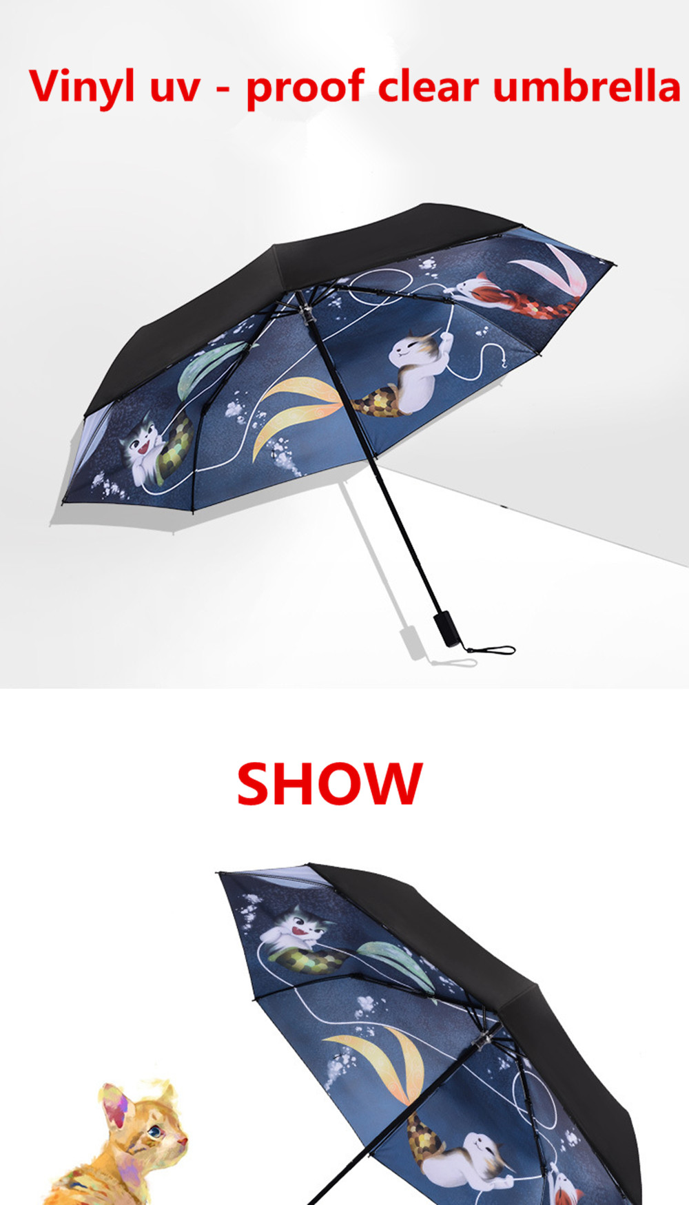 Cat and Fish Catoon Print Anti UV Folding Umbrella Outdoor Sunshade- Multi