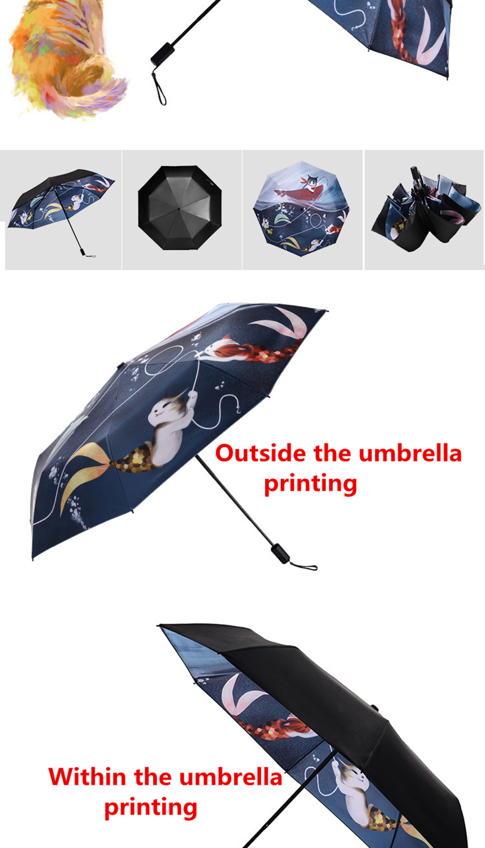 Cat and Fish Catoon Print Anti UV Folding Umbrella Outdoor Sunshade- Multi