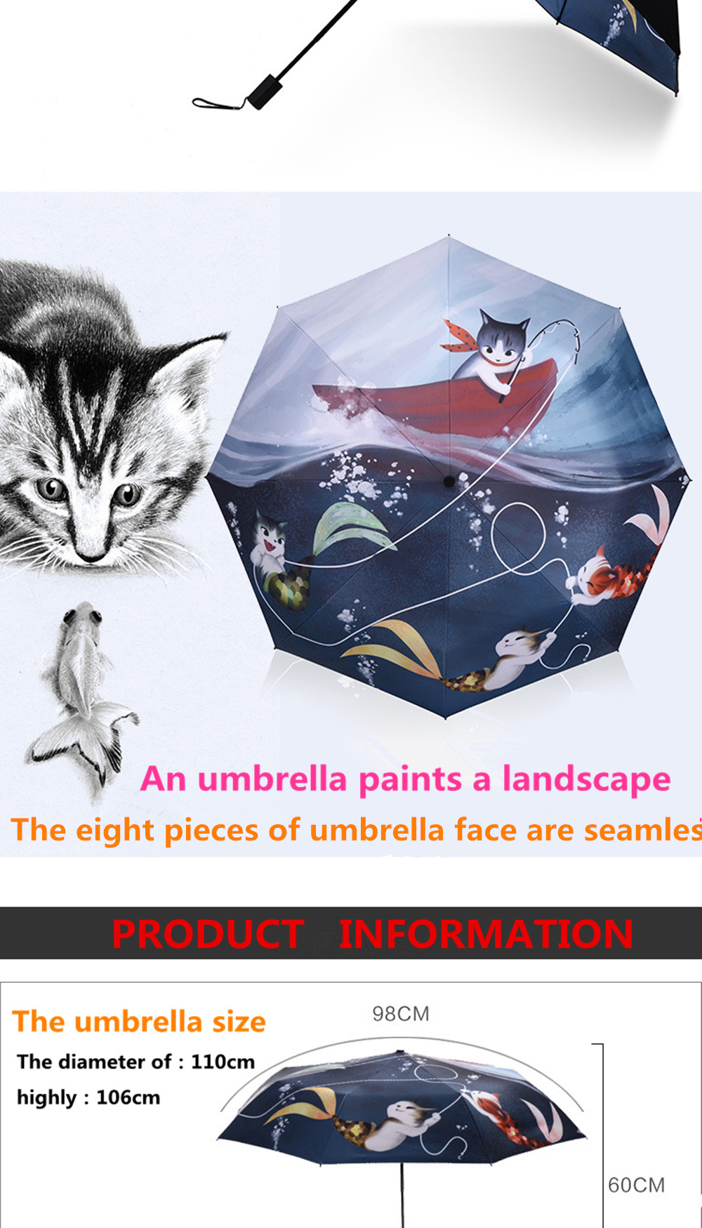 Cat and Fish Catoon Print Anti UV Folding Umbrella Outdoor Sunshade- Multi