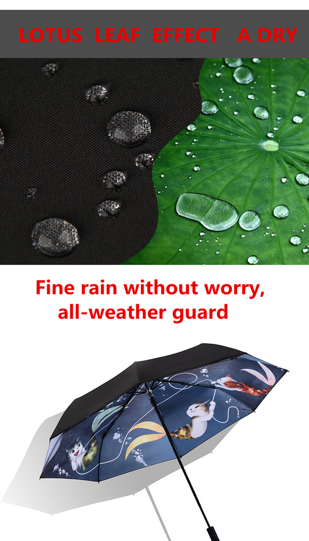 Cat and Fish Catoon Print Anti UV Folding Umbrella Outdoor Sunshade- Multi