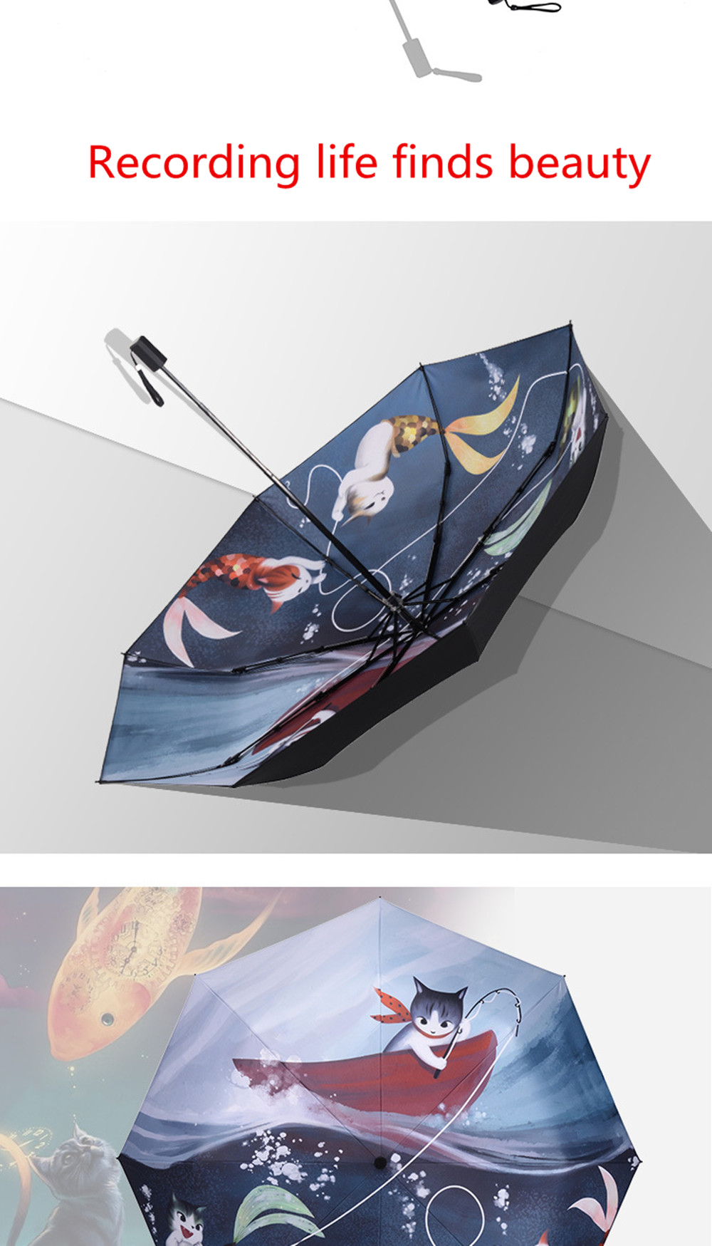 Cat and Fish Catoon Print Anti UV Folding Umbrella Outdoor Sunshade- Multi