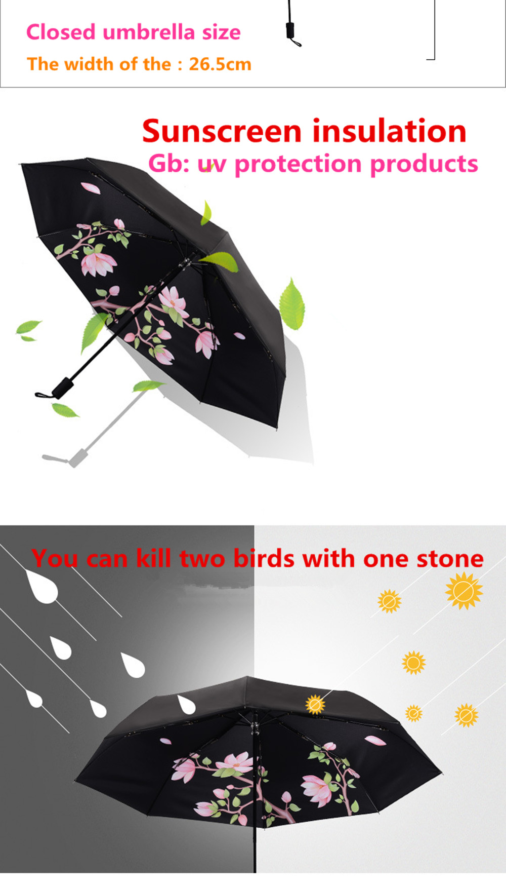 Creative Magnolia Flower Print Anti UV Folding Umbrella- Multi