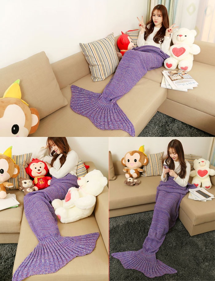 Crocheted / Knitted Mermaid Tail Shape Blanket- Light Purple