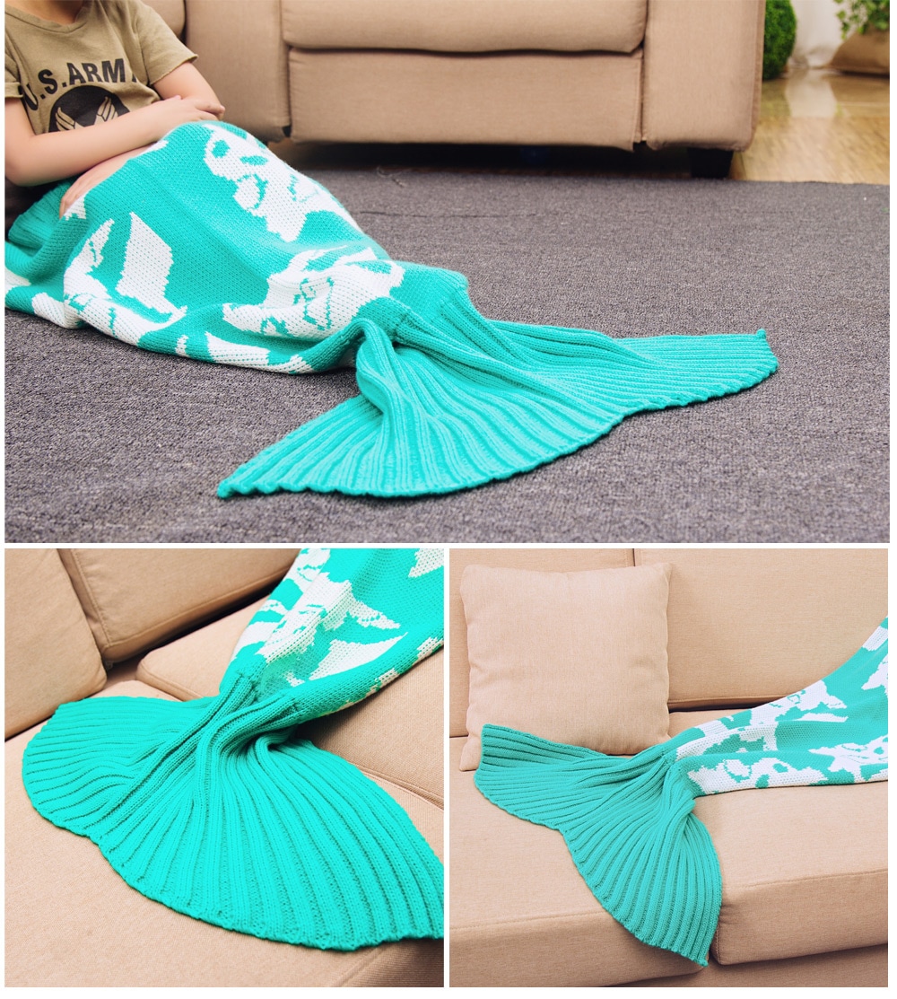 Cartoon Soft Knitted Sleeping Bag Wrap Mermaid Blanket- Green